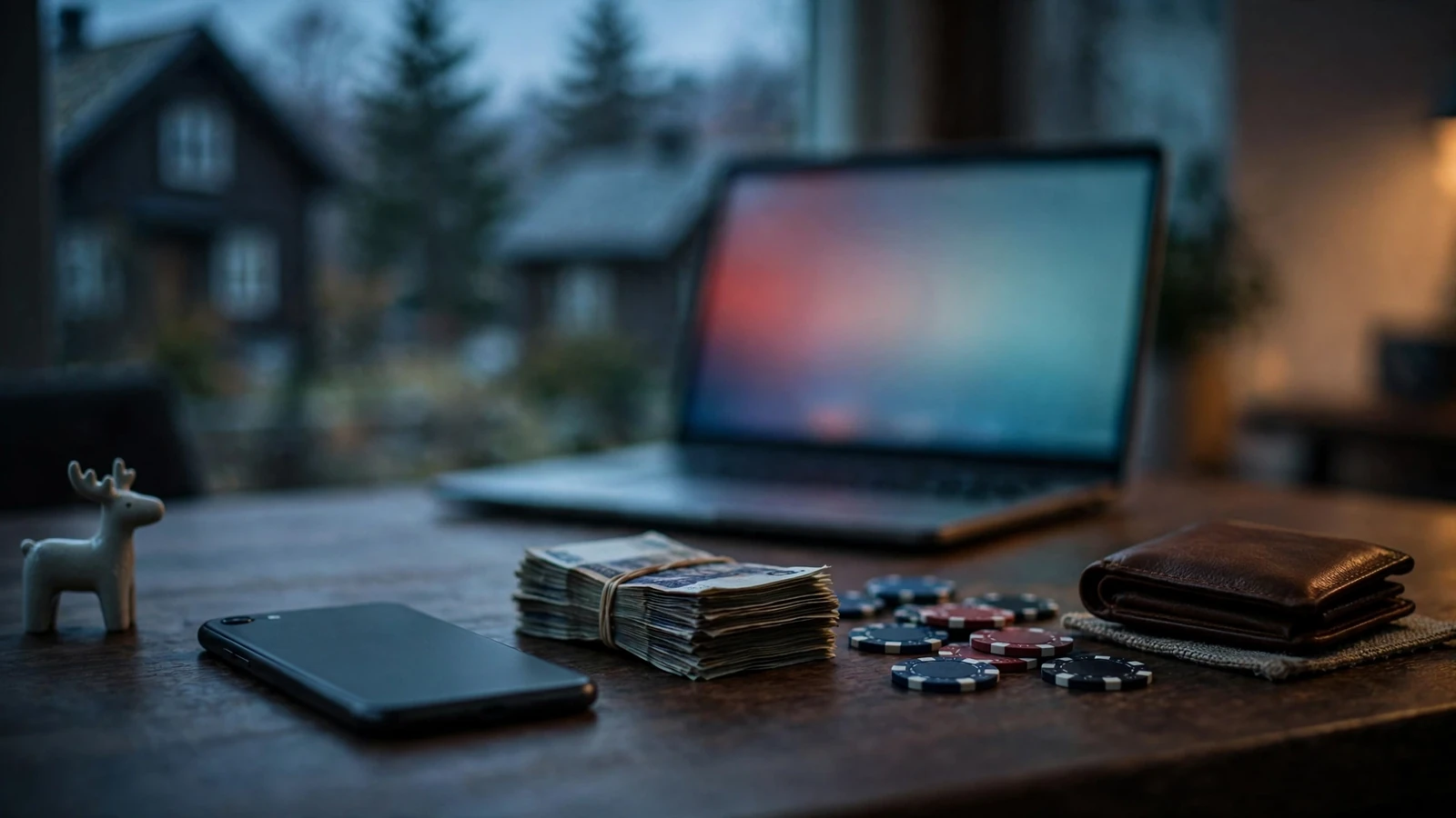 Smarttelefon, casinojetonger og kontanter på et nordisk skrivebord som symboliserer MiFinity-betaling