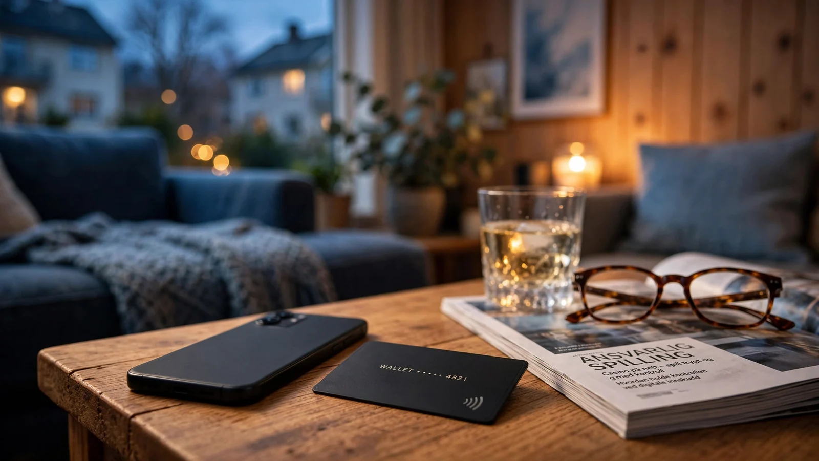 Smarttelefon og bankkort på nattbord i koselig norsk stue