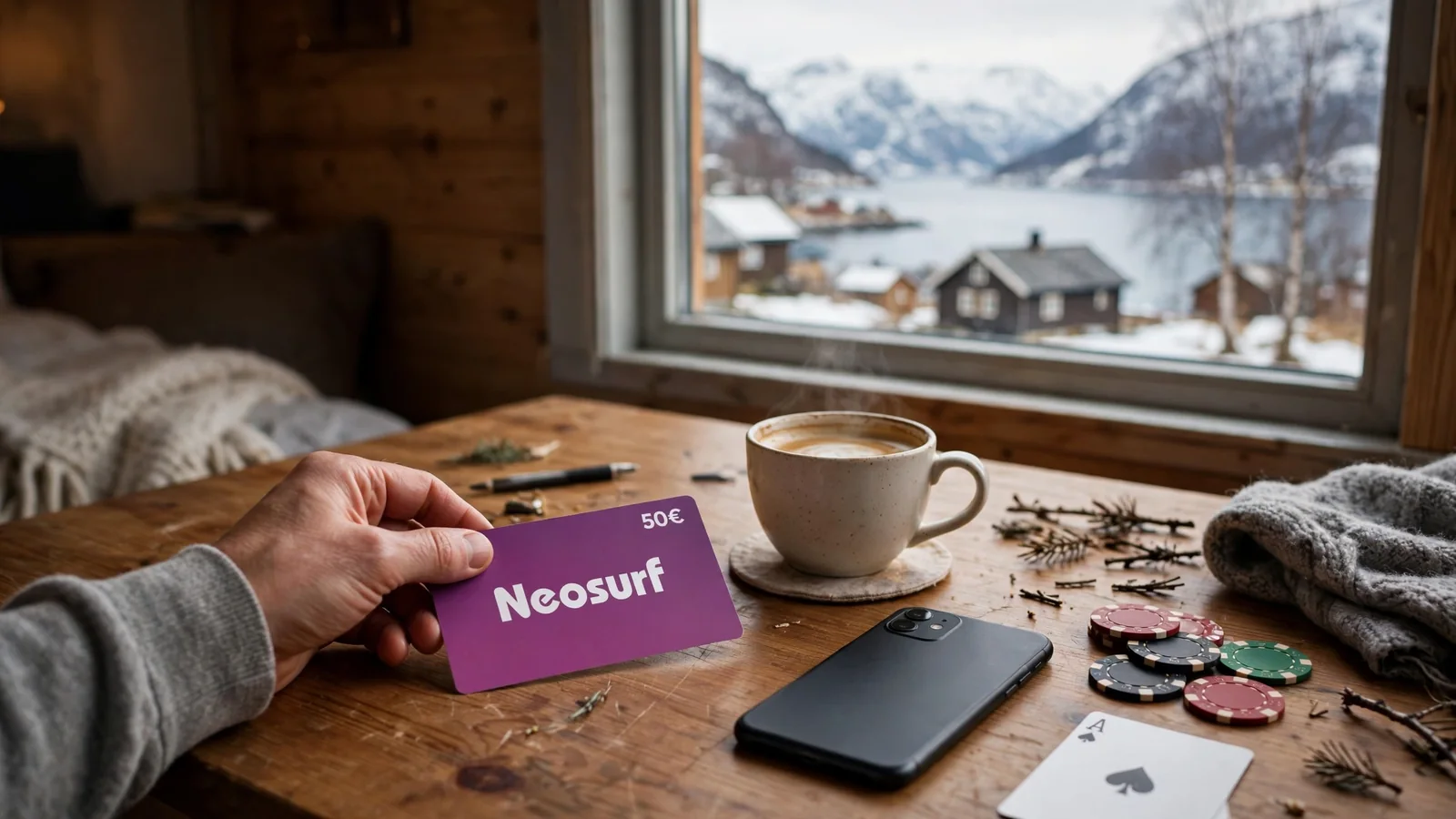 Neosurf-prepaidkupong på et norsk skrivebord med fjordutsikt