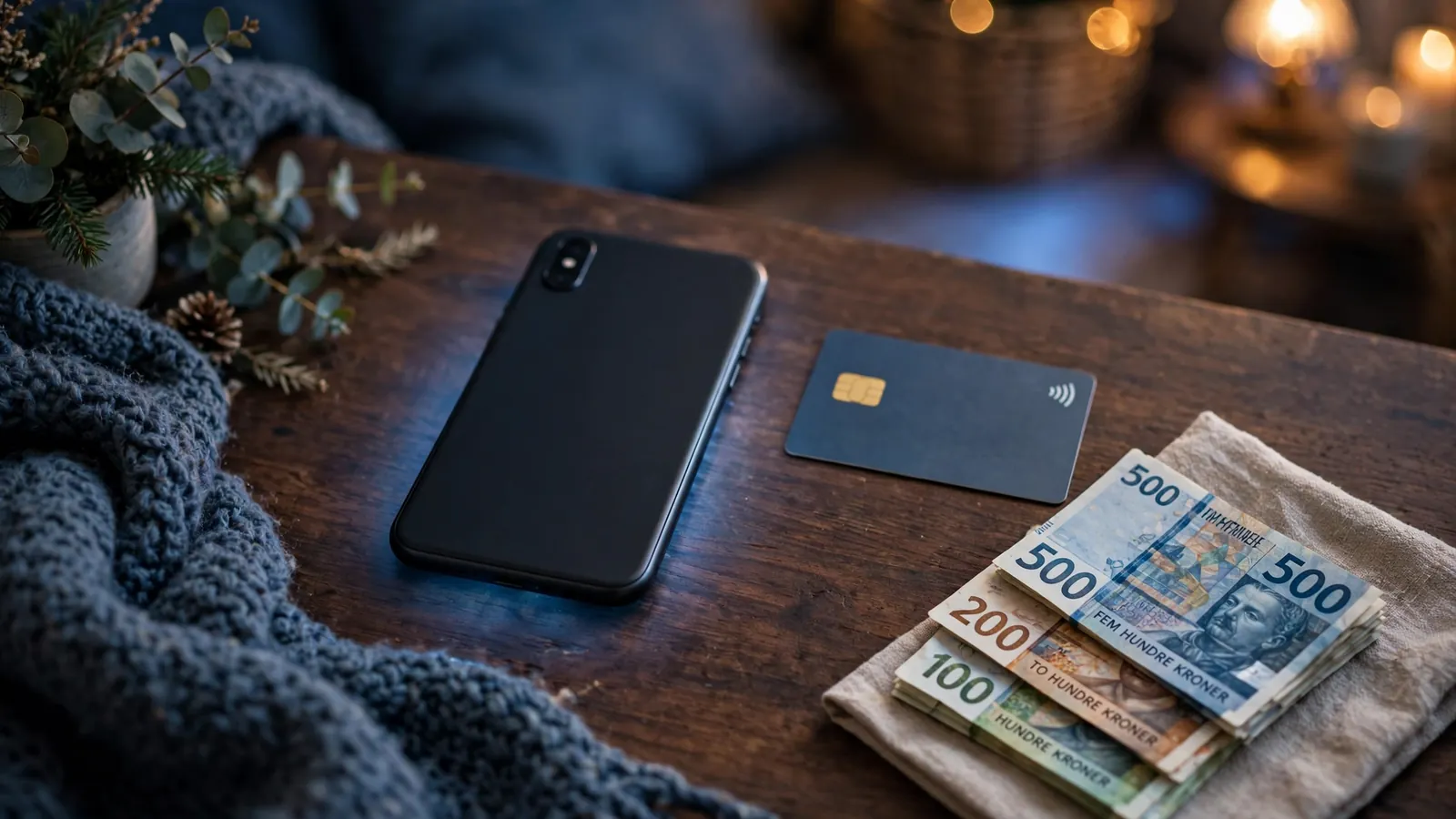 Smarttelefon med bankkort og norske kroner på et trebord