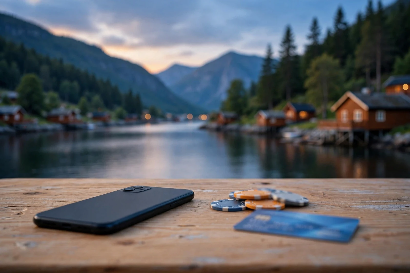 Norsk smartphone ved et fjord i skumringen, med kort og jetonger