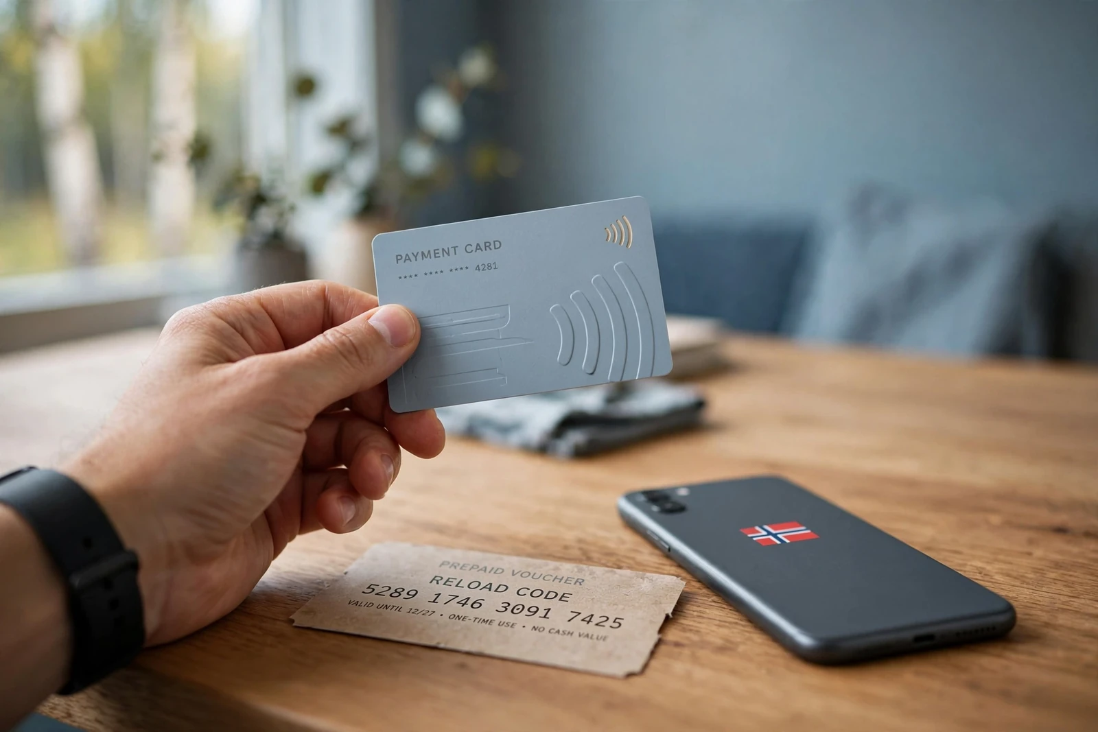 Norsk hånd med bankkort og Paysafecard-kupong ved smarttelefon