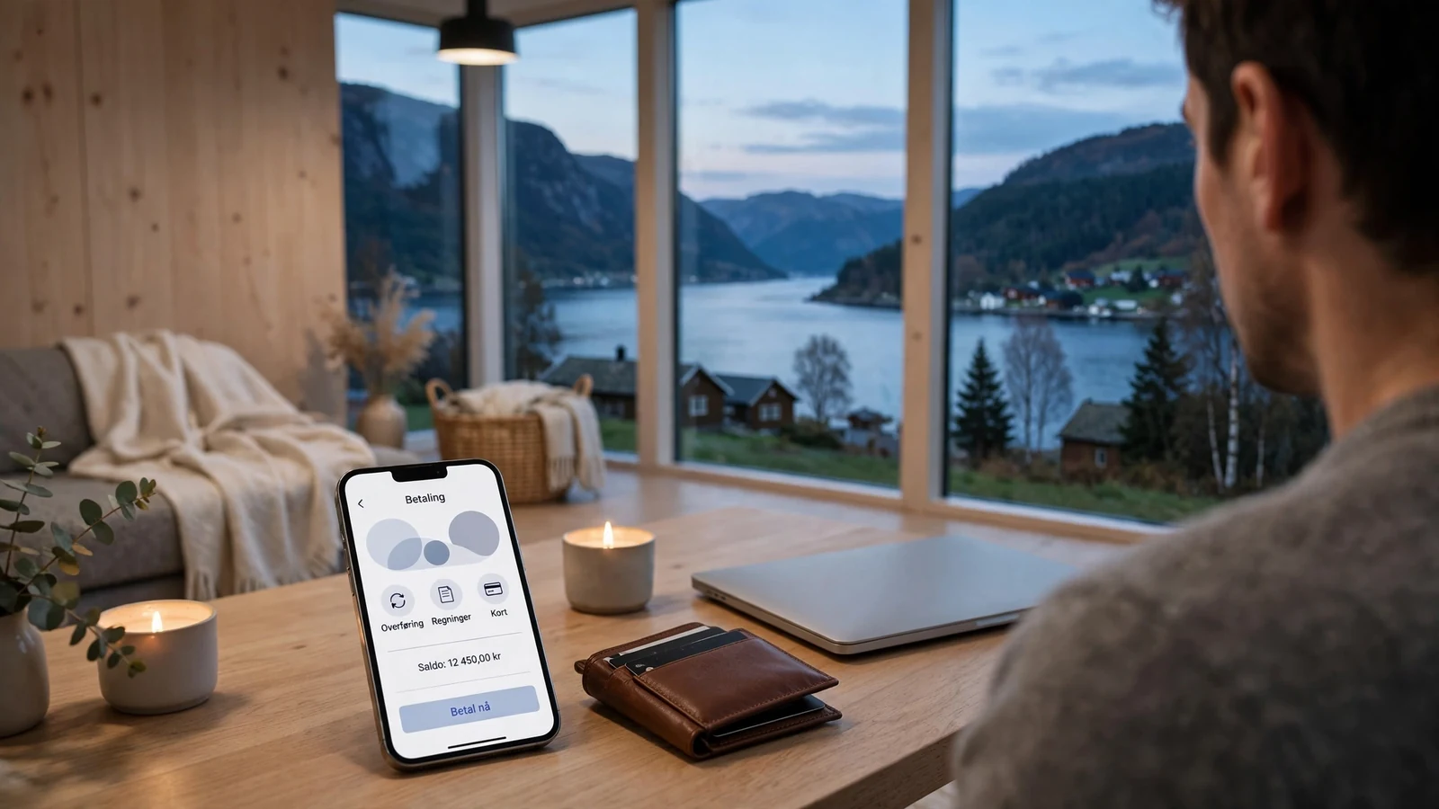 Moderne norsk stue med smarttelefon og lommebok ved siden av en fjord