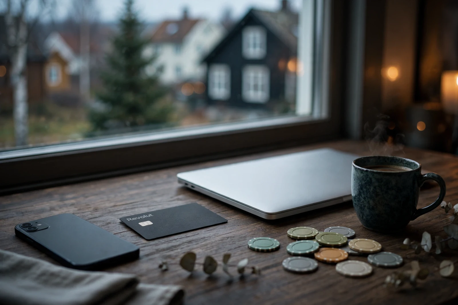 Bord med bankkort, bærbar PC og casinobrikker i dempet lys