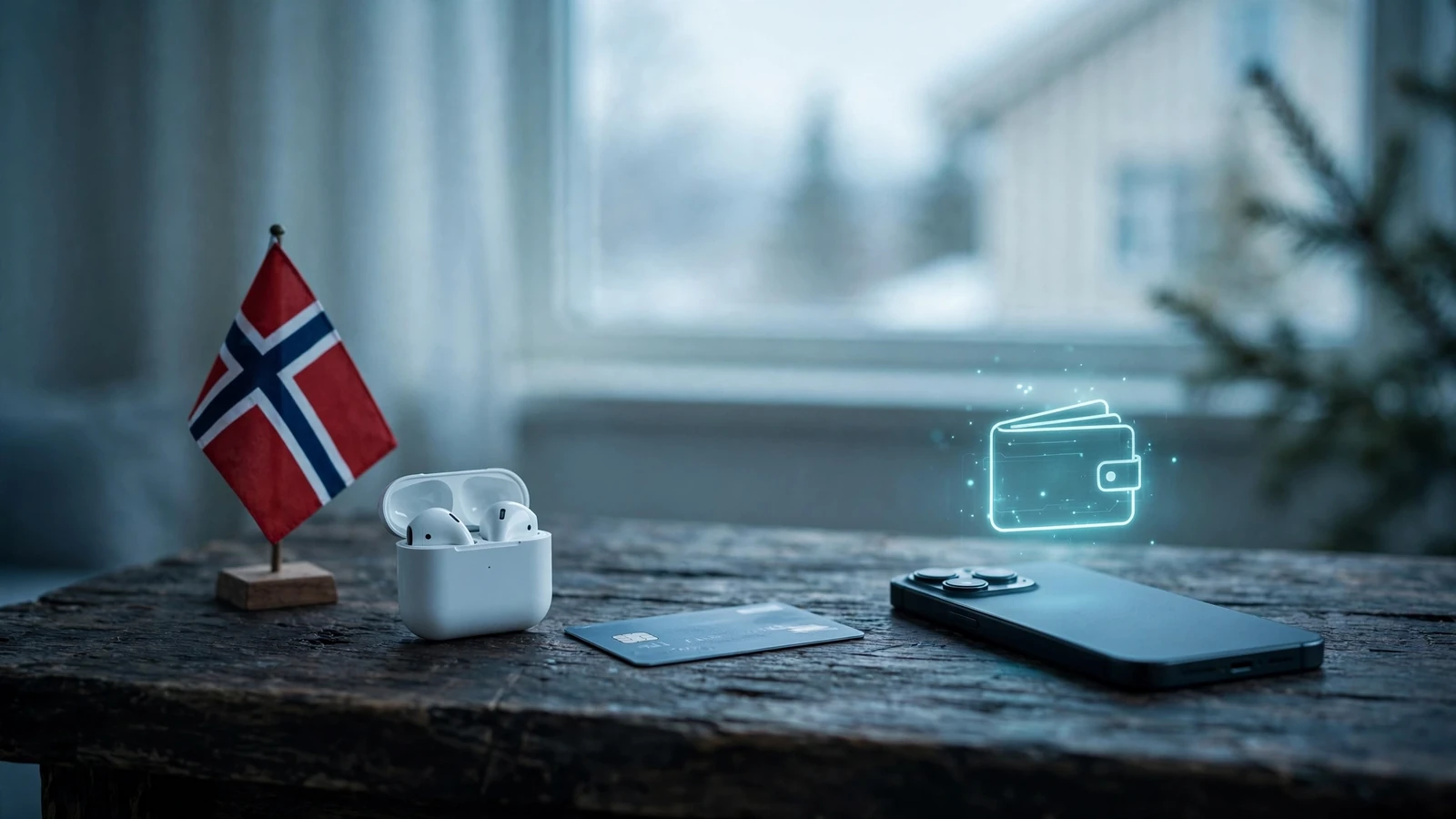 Smarttelefon og kredittkort på skrivebord med norsk konsept for e-lommebok
