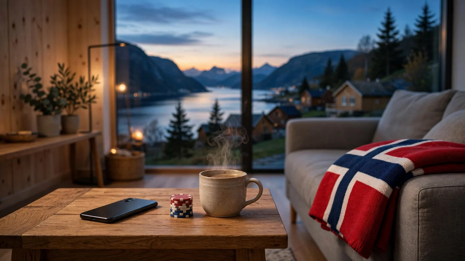Norsk stue med telefon, pokerjetonger og utsikt over fjord