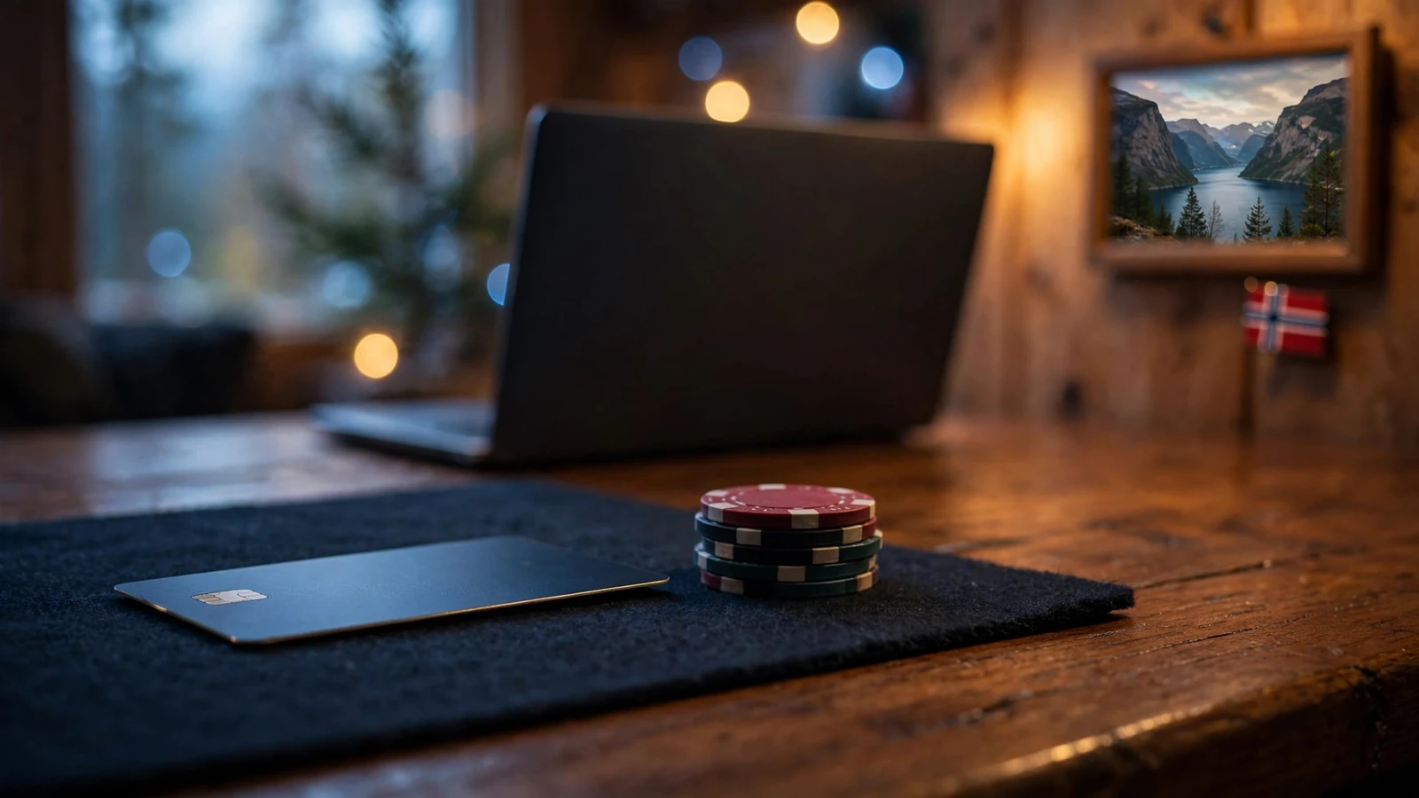 Visa-kort med jetonger på et casinoinspirert bord