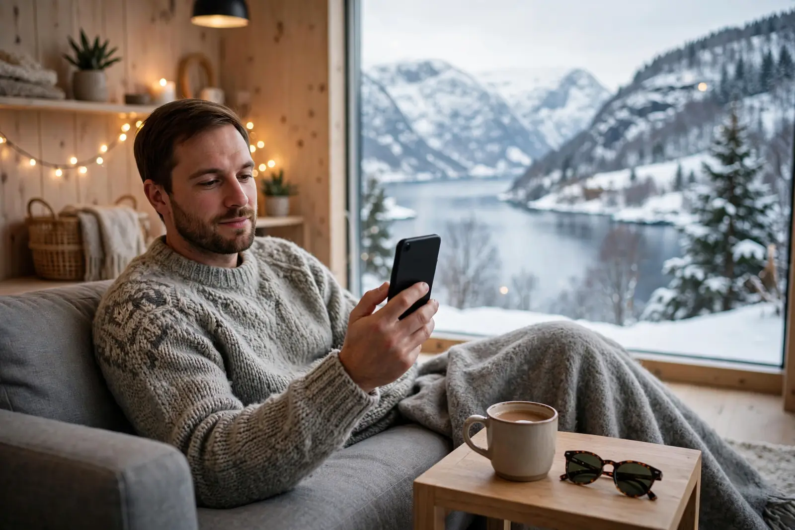 Person i norsk stue med smarttelefon og utsikt over snødekt fjord