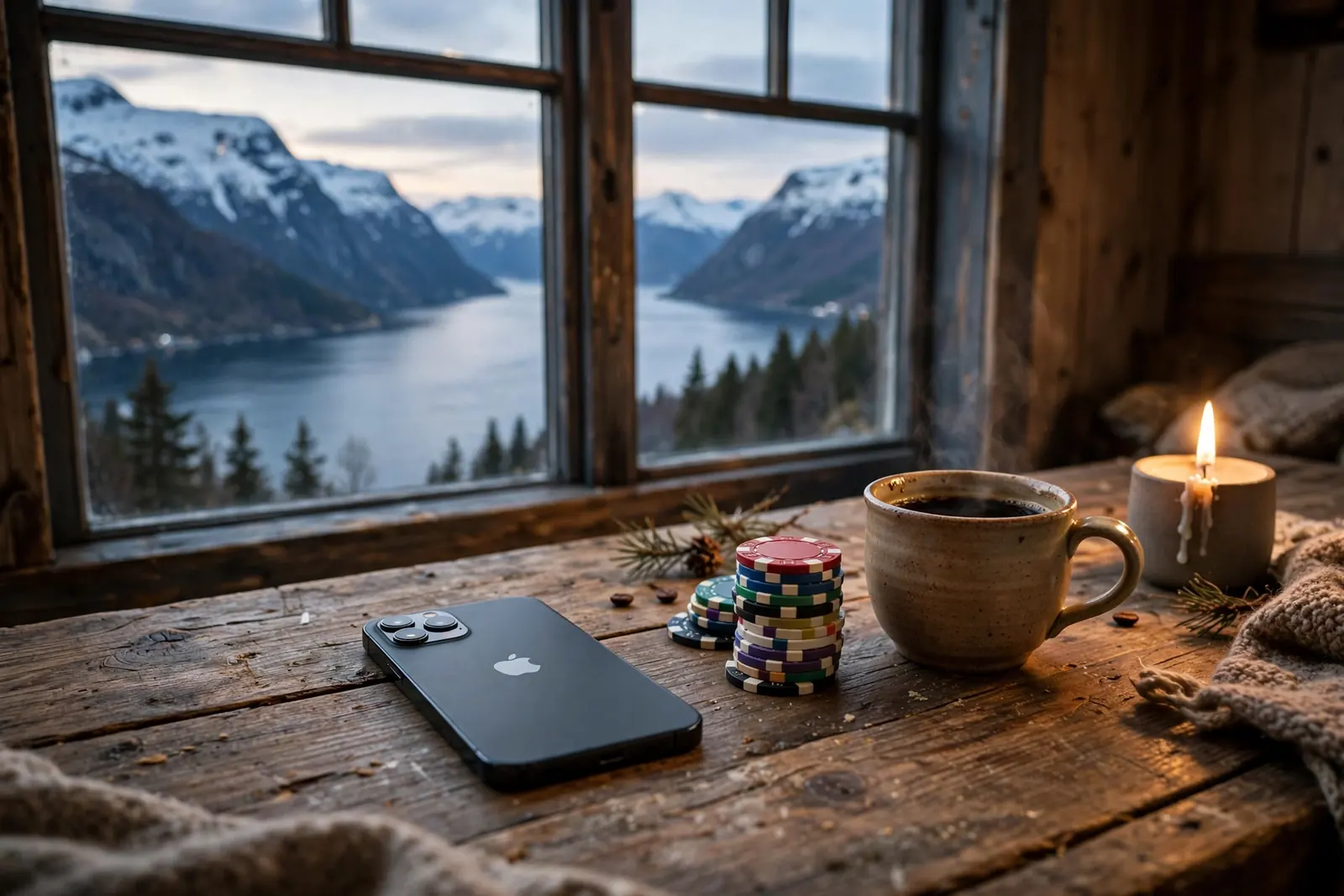 iPhone på trebord med casinobrikker og utsikt over norsk fjord