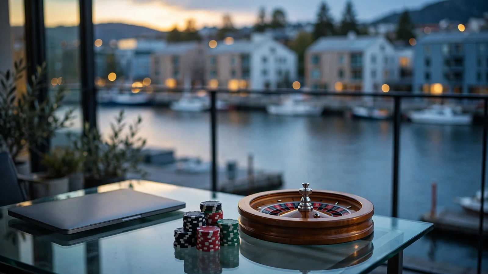 Casinojetonger og rulett på et glassbord i Oslo