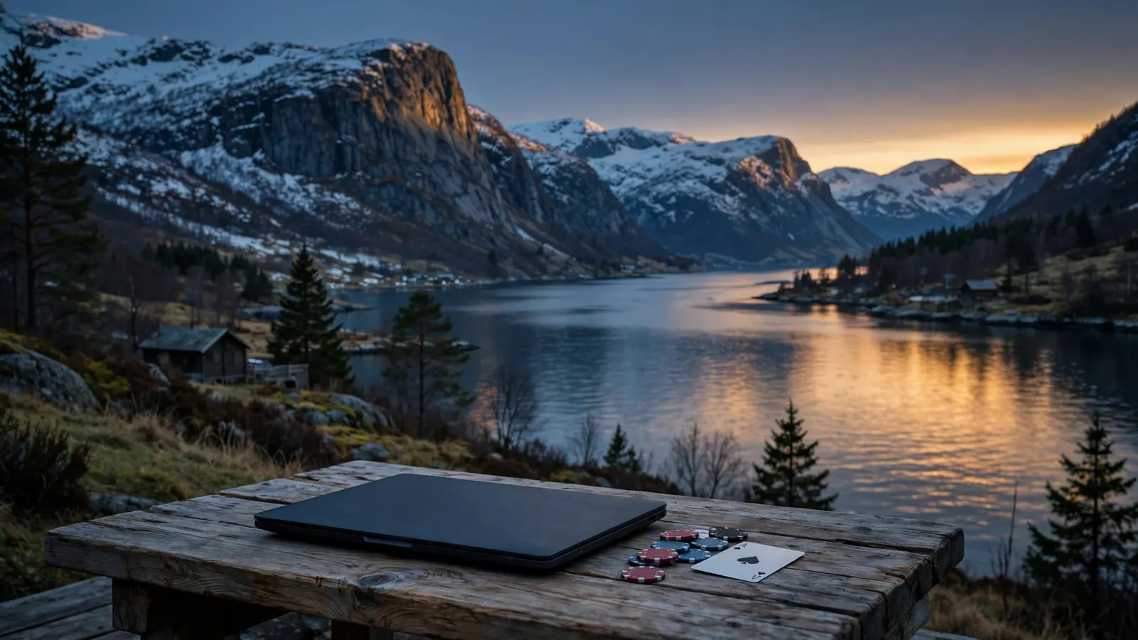 Lukket laptop på trebord ved norsk fjord i skumring, med casinobrikker og ess i spar