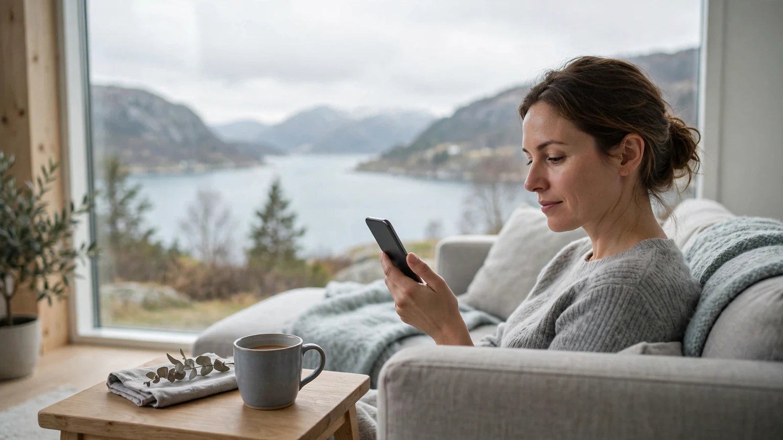 Person som spiller mobilcasino hjemme i en moderne norsk stue