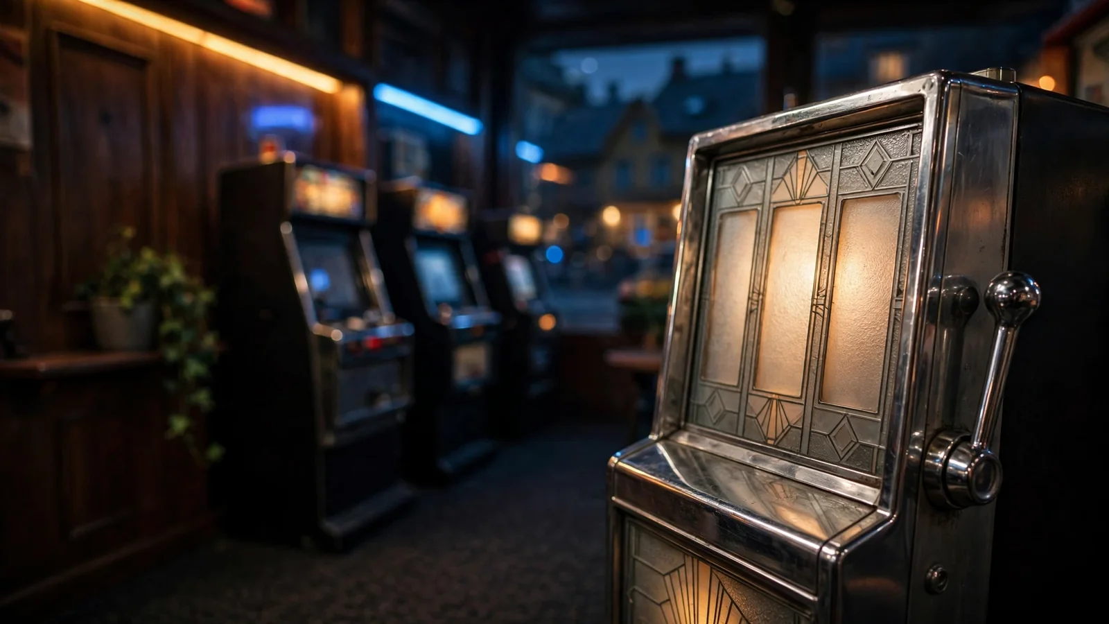 En klassisk spilleautomat i et norsk spillested med dempet belysning