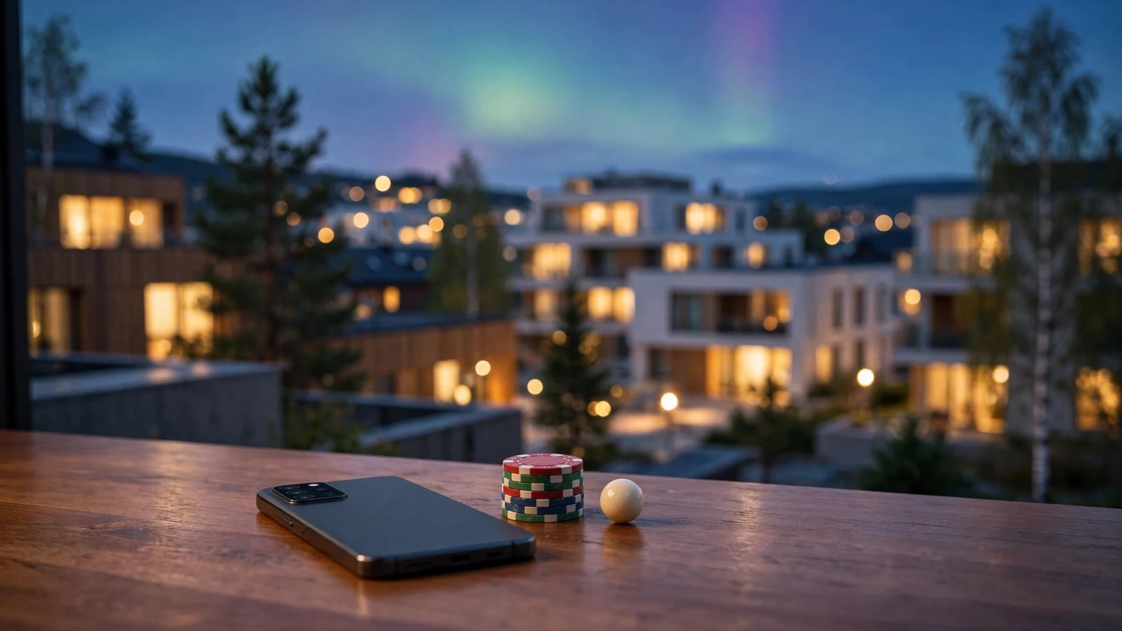 Moderne norsk by ved skumring med smarttelefon, jetonger og rulettkule på bordet