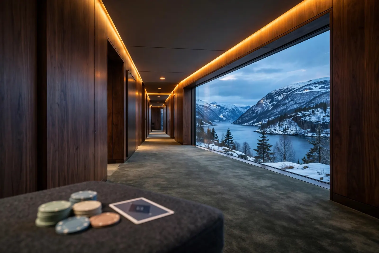 Moderne casinointeriør i Norge med utsikt over fjord i skumringen
