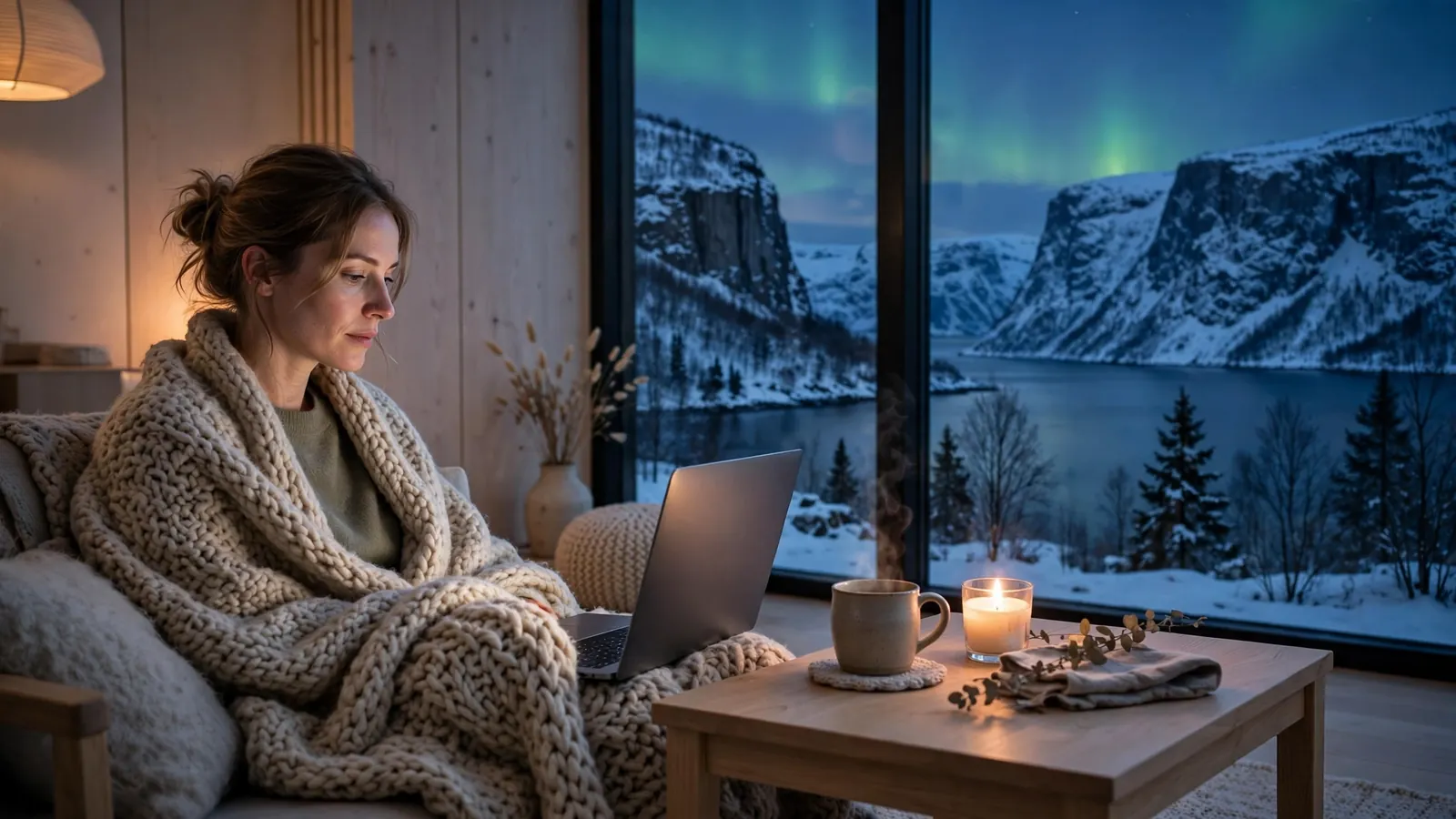 Person ved laptop i koselig norsk stue med vinterfjord og nordlys utenfor vinduet.