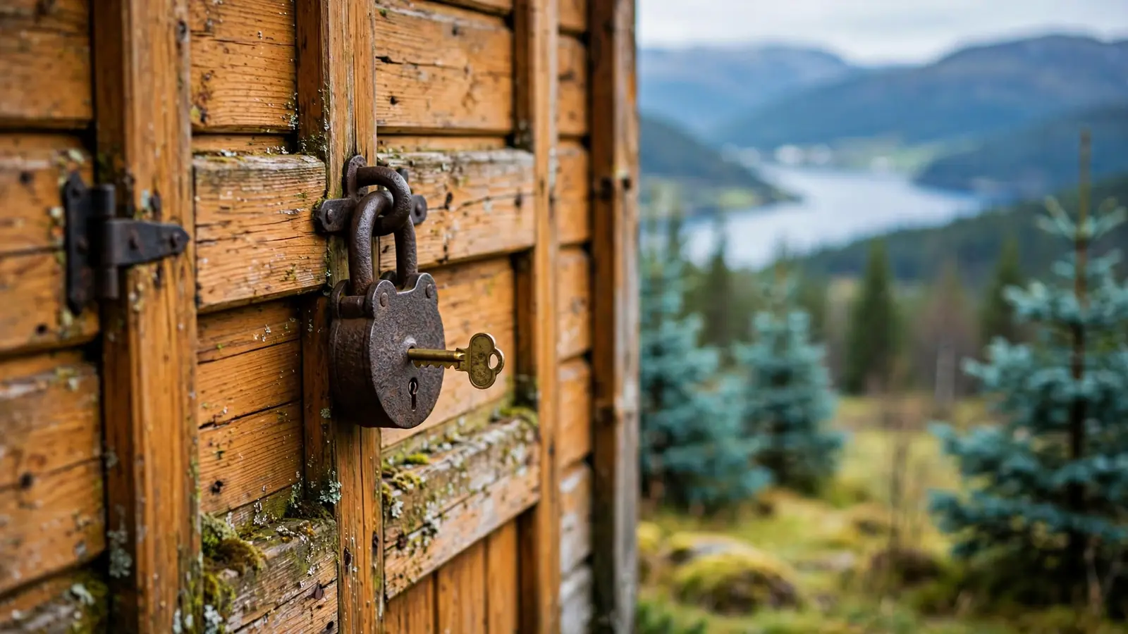 Tradisjonell norsk tredør med gammelt jernlås i rolig nordisk natur