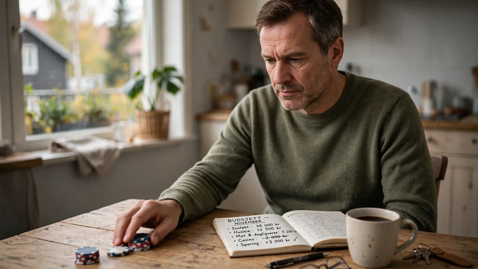 Mann ved bordet skyver casinobrikker unna i et rolig norsk hjem