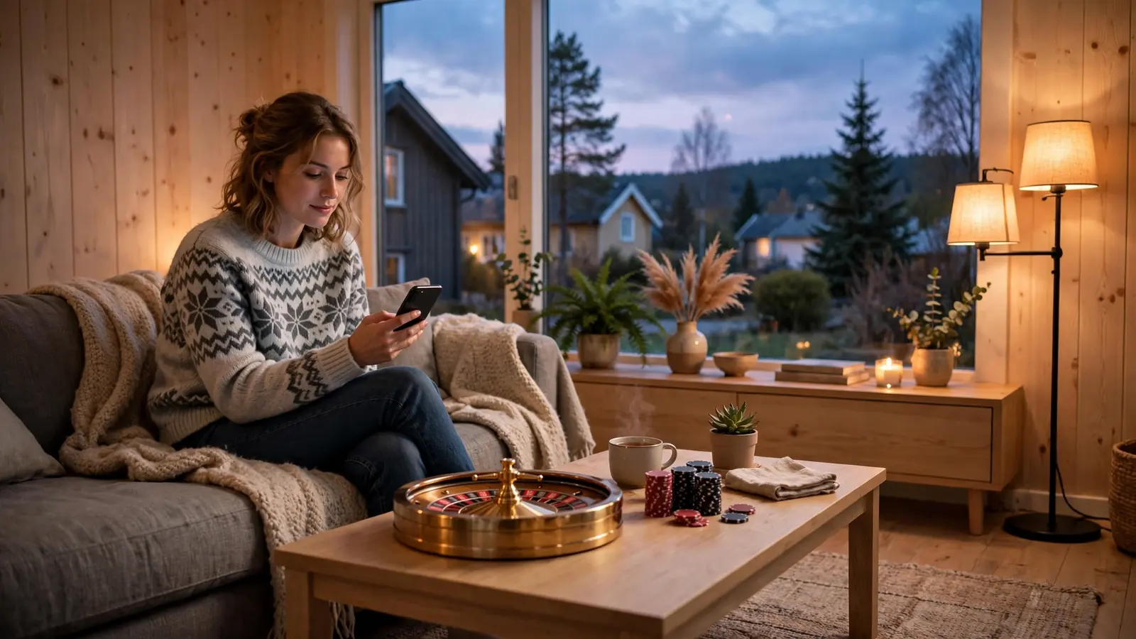 Koselig norsk stue med fysisk roulettehjul og mobil på sofabordet i skumring