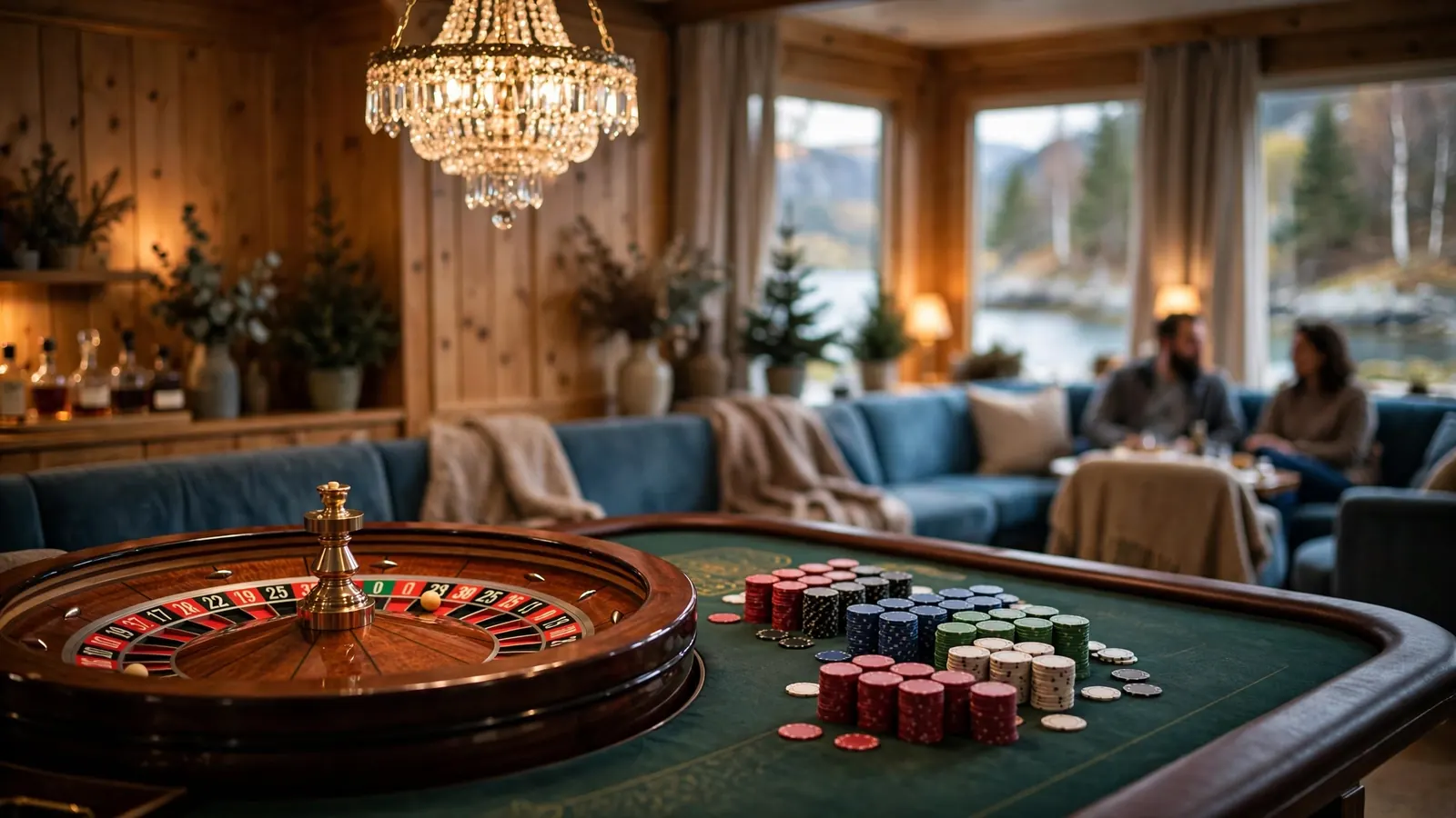 Elegant roulettehjul med jetonger på grønt filtbord i stilfull casinostue