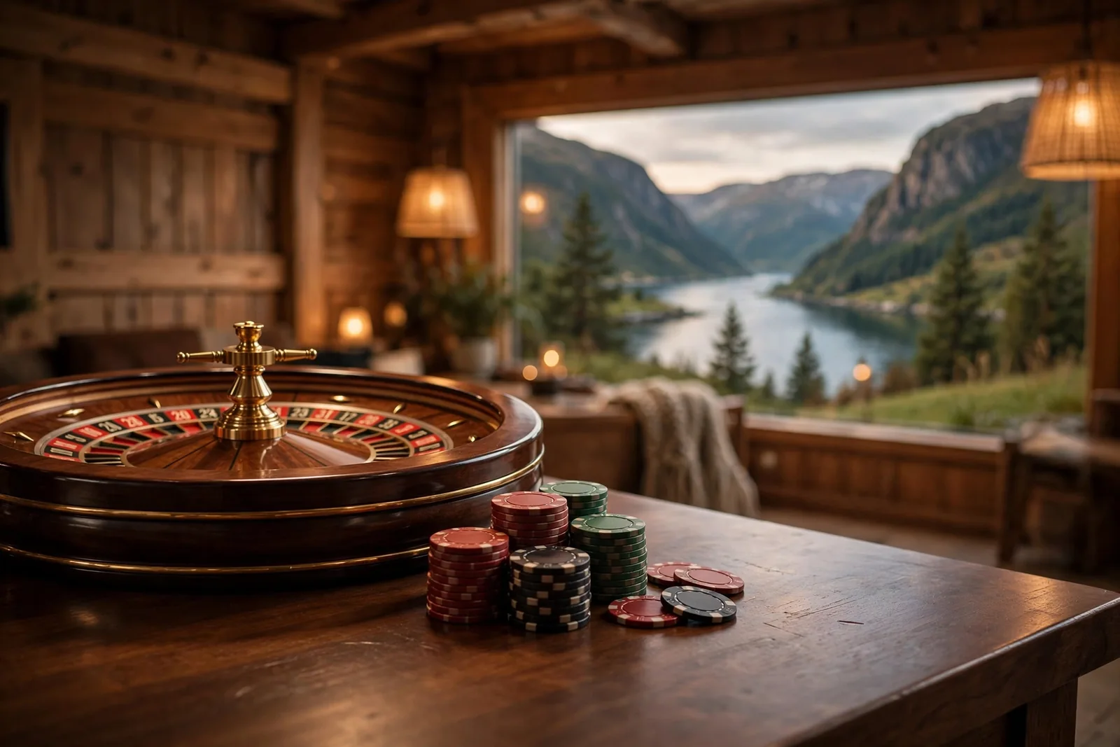 Rulettbord med hjul og jetonger i varm norsk atmosfære