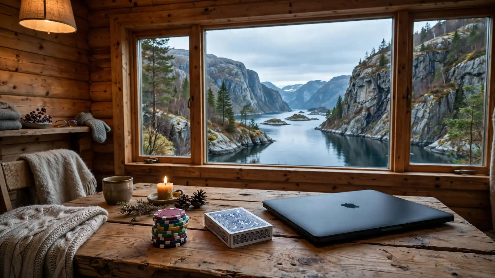Hyttestue med kortstokk og jetonger ved et vindu med utsikt over en norsk fjord