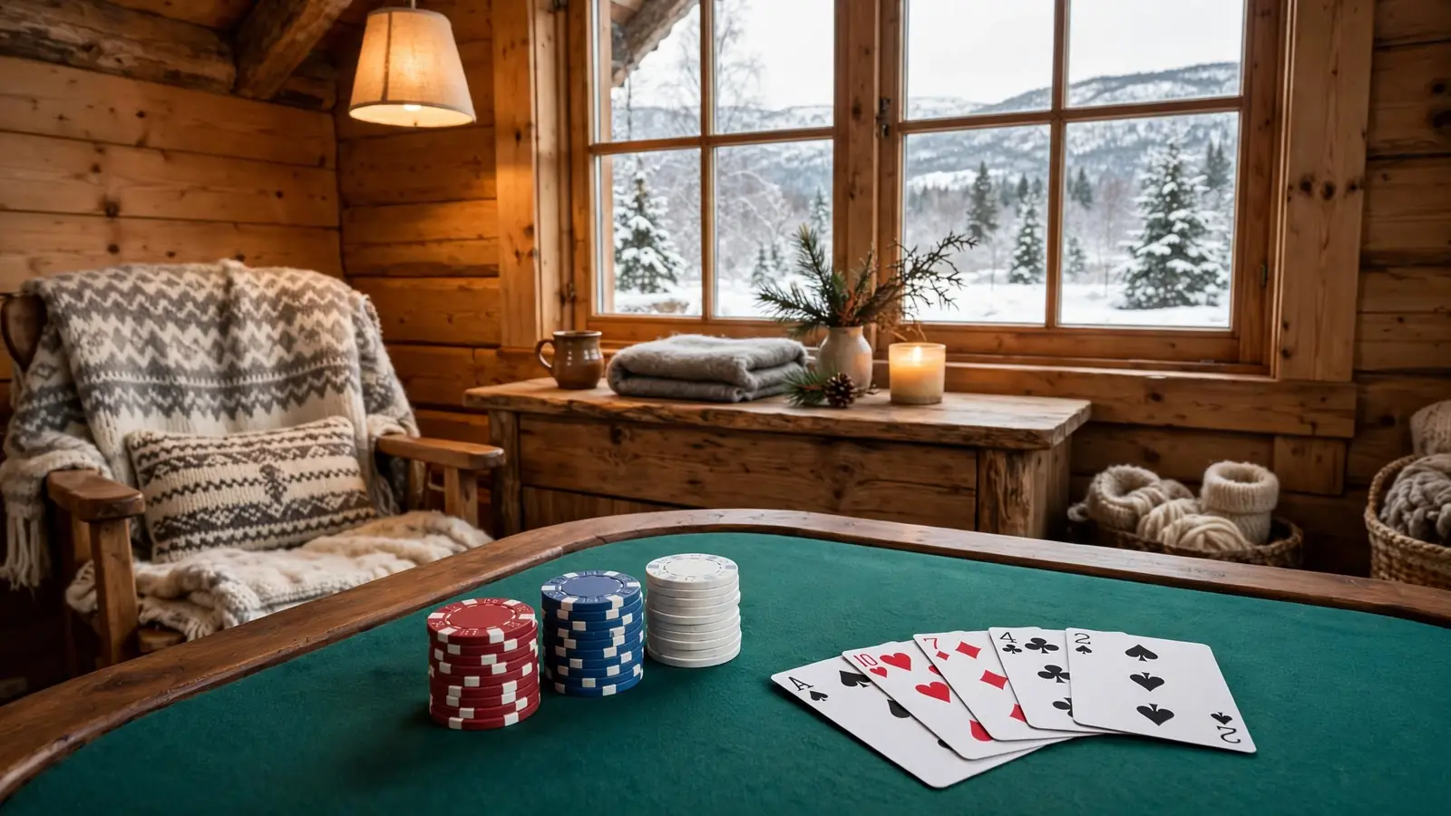 Blackjack-bord med jetonger og kort i et varmt norsk interiør