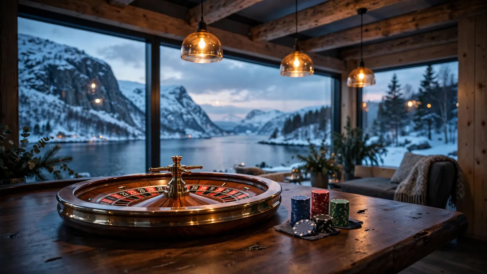 Roulettehjul på et trebord i en elegant norsk spillesal med utsikt over en fjord