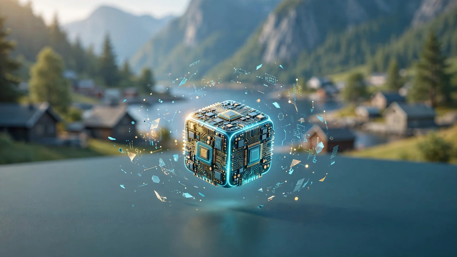 Digital terningkast-chip over norsk fjordlandskap