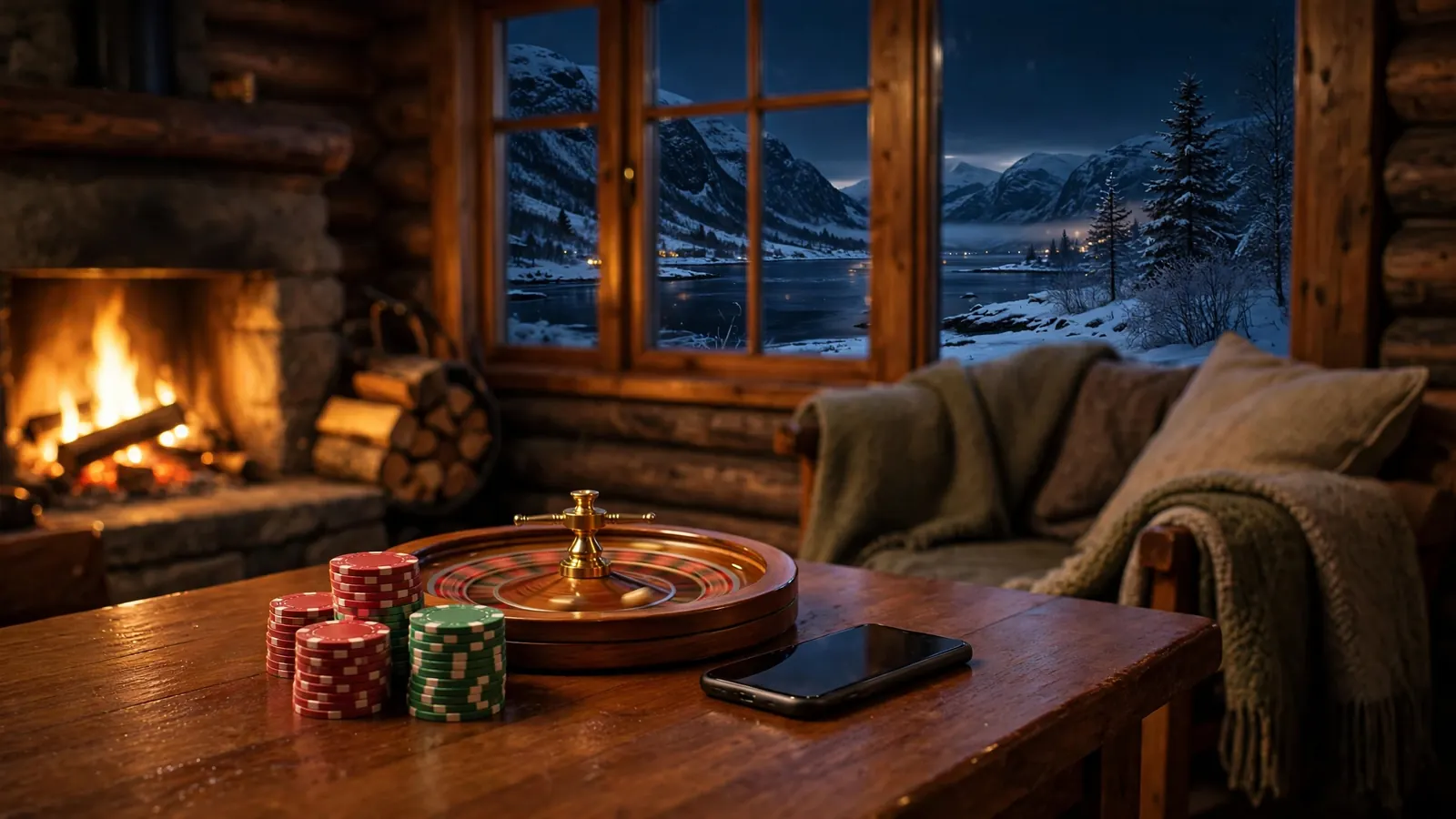 Norsk hytte med casinobrikker og rulett ved peisen