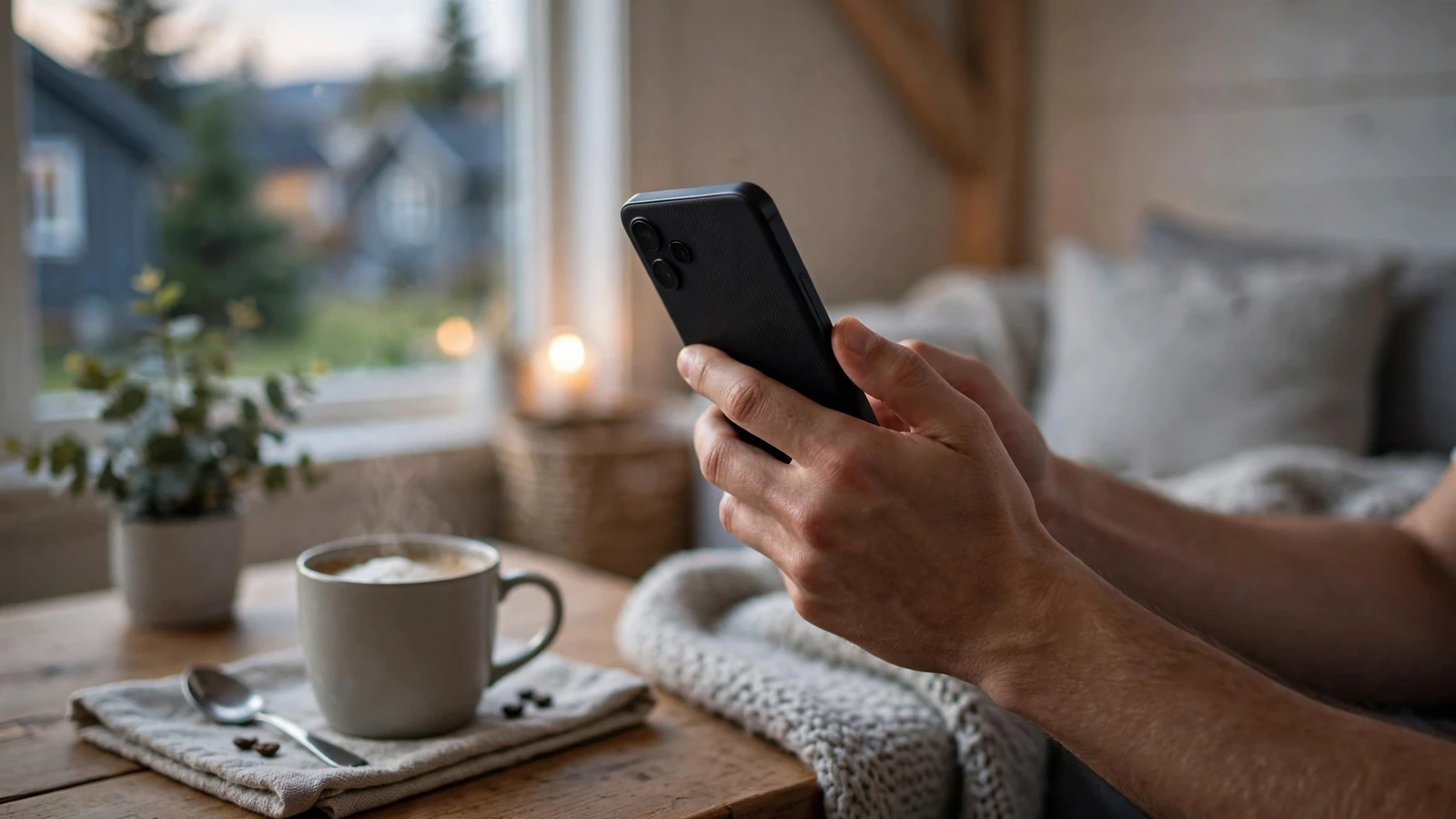 Mann holder smarttelefon i et koselig norsk hjem