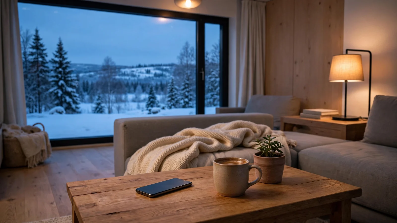 Moderne norsk stue med telefon med skjermen ned ved siden av kaffe